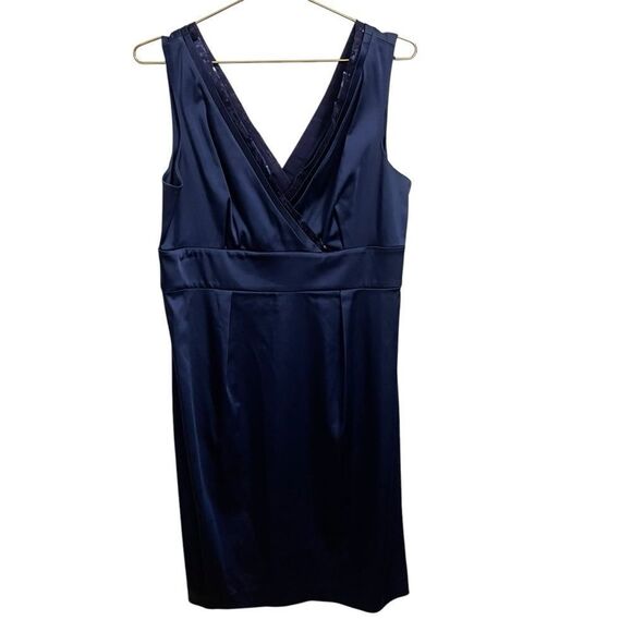 Calvin Klein Sheath Dress Royal Blue Satin Sequin V Neck Trim Sleeveless Size 14 - Picture 1 of 8